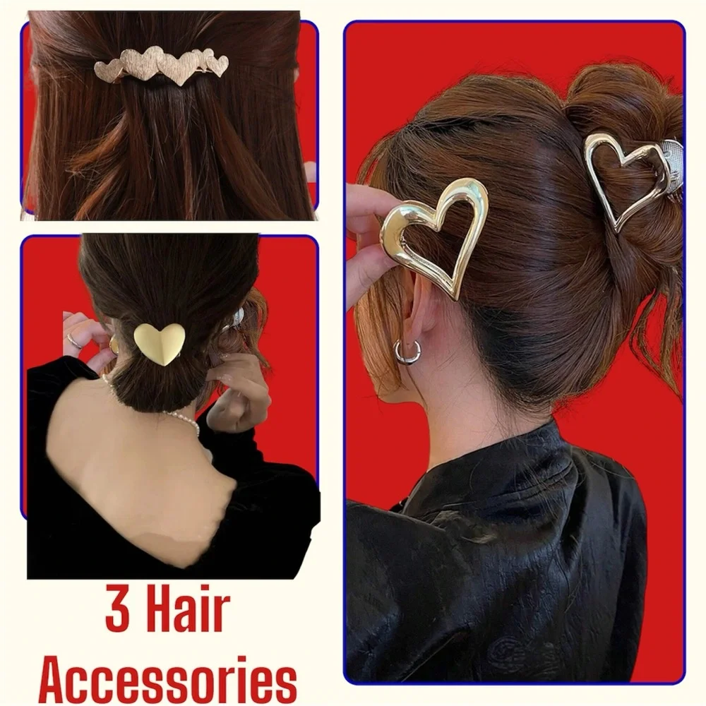 3pc Heart hair accessory set gold jewelry barrette claw clip teen prom bridal